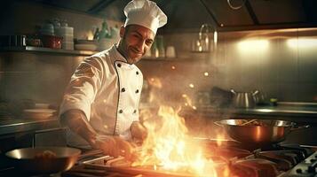 een chef Koken in een restaurant keuken. generatief ai foto