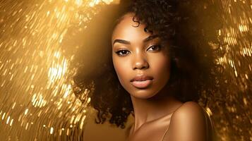 portret luxe en premie van Afrikaanse Amerikaans vrouw in goud Aan gouden sprankelend achtergrond, meisje in gouden jurk voor reclame Product ontwerp. generatief ai foto