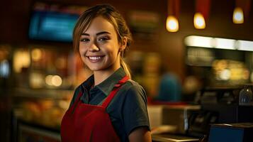 portret van glimlachen jong vrouw supermarkt arbeider. generatief ai foto