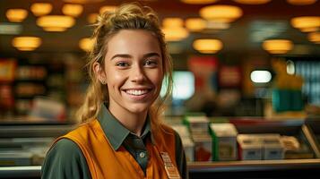 portret van glimlachen jong vrouw supermarkt arbeider. generatief ai foto