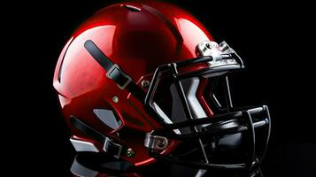 een rood Amerikaans voetbal helm Aan een zwart achtergrond. generatief ai foto