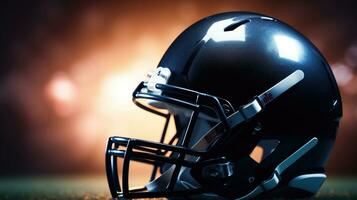 Amerikaans Amerikaans voetbal achtergrond met bal en zwart helm. Amerikaans voetbal helm. generatief ai foto