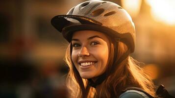 gelukkig vrouw vervelend fiets helm met fiets Aan straat. generatief ai foto