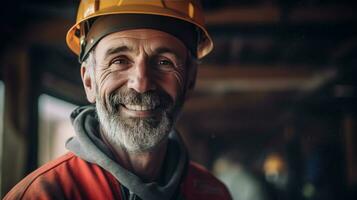 portret van een gelukkig volwassen Mens in een bouw helm Bij bouw plaats. generatief ai foto