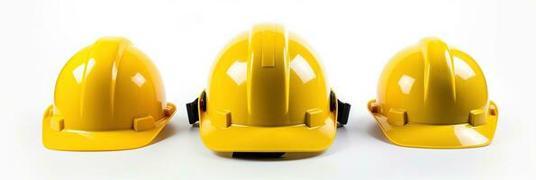 reeks van geel eerbiedig helm, bouw gereedschap voor industrieel veiligheid geïsoleerd Aan wit achtergrond. generatief ai foto
