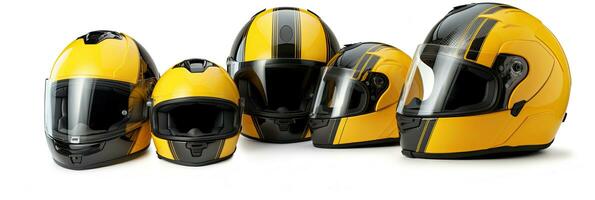 reeks verzameling van geel motorfiets koolstof integraal Botsing helm geïsoleerd Aan wit achtergrond. generatief ai foto