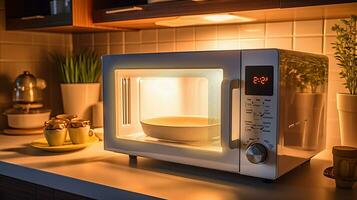 modern magnetronoven in huis keuken. generatief ai foto