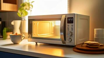 modern magnetronoven in huis keuken. generatief ai foto