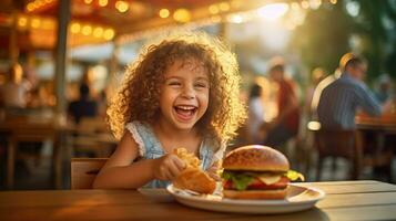 een gelukkig meisje aan het eten een hamburger in een buitenshuis restaurant net zo een ontbijt maaltijd verlangen overeenkomst. generatief ai foto