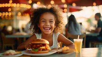 een gelukkig meisje aan het eten een hamburger in een buitenshuis restaurant net zo een ontbijt maaltijd verlangen overeenkomst. generatief ai foto