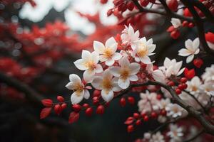 kers bloesem sakura bloem Aan blauw lucht achtergrond, ai generatief foto