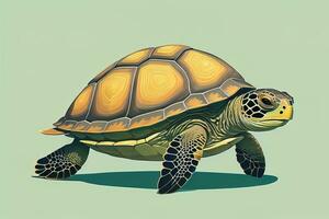 illustratie van een schildpad Aan een groen achtergrond in tekenfilm stijl. ai generatief foto