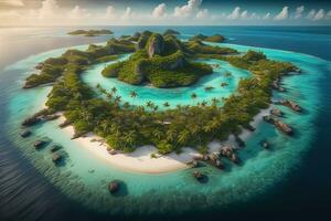 tropisch strand met palm bomen en wit zand. ai generatief foto