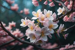 kers bloesem sakura bloem Aan blauw lucht achtergrond, ai generatief foto