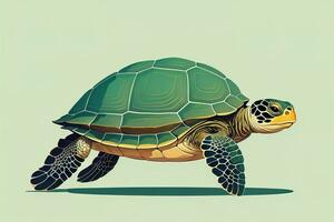 illustratie van een schildpad Aan een groen achtergrond in tekenfilm stijl. ai generatief foto