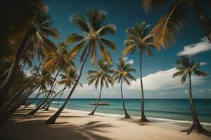 tropisch strand met palm bomen en wit zand. ai generatief foto