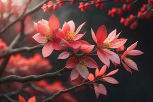 kers bloesem sakura bloem Aan blauw lucht achtergrond, ai generatief foto