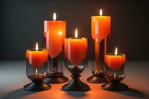 brandend kaarsen in bril Aan houten tafel, detailopname. ruimte voor tekst. ai generatief foto