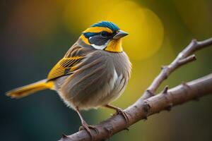 kleurrijk vogel neergestreken Aan een Afdeling met wazig achtergrond, detailopname. ai generatief foto