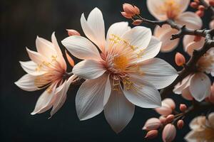 kers bloesem sakura bloem Aan blauw lucht achtergrond, ai generatief foto