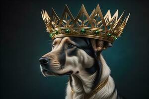 portret van een schattig hond in een gouden kroon Aan een solide kleur achtergrond. ai generatief foto