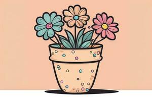 illustratie van een bloempot met roze en blauw bloemen Aan een grijs achtergrond. ai generatief foto