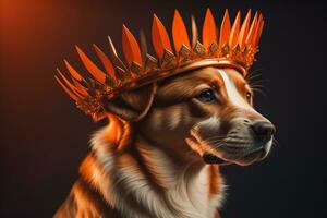 portret van een schattig hond in een gouden kroon Aan een solide kleur achtergrond. ai generatief foto