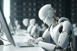 wit robots zitten in kantoren en werk Bij een laptop. vervangen menselijk jobs met robotten. foto