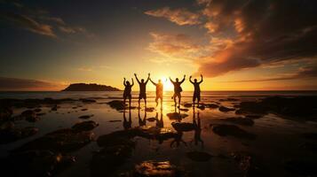 fotograaf van groep silhouet jumping omhoog Aan de strand, gouden uur, ai gegenereerd foto