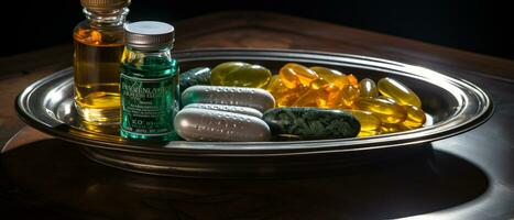 de farmaceutisch medicijn-medicijn pillen capsules in zilver dienblad. gebruikt voor verlichtend ziekte, voedsel supplement, top visie, ai generatief foto