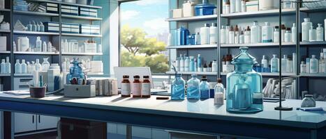 modern apotheek apotheek met schappen vol van geneesmiddel, drugs, vitamine dozen, pil, supplementen, Gezondheid zorg producten, ai generatief foto
