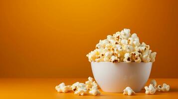 gezouten popcorn in kom of emmer geïsoleerd Aan zwart achtergrond, ai generatief foto