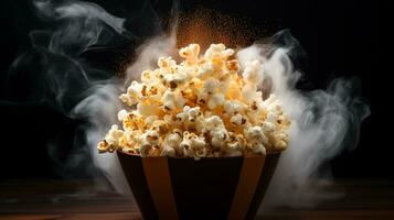 gezouten heet popcorn met rook in kom of emmer geïsoleerd Aan zwart achtergrond, ai generatief foto
