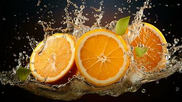 vers sappig oranje fruit met water plons geïsoleerd Aan achtergrond, gezond fruit, ai generatief foto