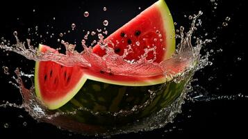 vers sappig gesneden watermeloen fruit met water plons geïsoleerd Aan achtergrond, gezond fruit, ai generatief foto