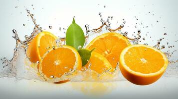 vers sappig oranje fruit met water plons geïsoleerd Aan achtergrond, gezond fruit, ai generatief foto