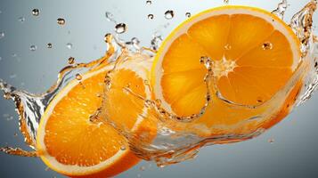 vers sappig oranje fruit met water plons geïsoleerd Aan achtergrond, gezond fruit, ai generatief foto