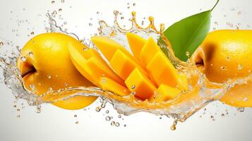vers sappig mango met water plons geïsoleerd Aan achtergrond, gezond tropisch fruit, ai generatief foto
