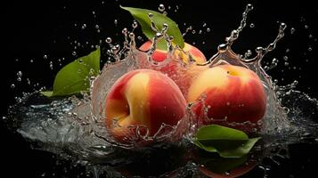 vers sappig perzik fruit met water plons geïsoleerd Aan achtergrond, gezond fruit, ai generatief foto