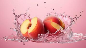 vers sappig perzik fruit met water plons geïsoleerd Aan achtergrond, gezond fruit, ai generatief foto