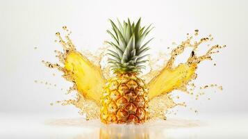 vers sappig ananas fruit met water plons geïsoleerd Aan achtergrond, gezond tropisch fruit, ai generatief foto