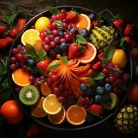 kom van gezond vers fruit salade, dichtbij omhoog van een kleurrijk gemengd tropisch fruit, kopiëren ruimte, ai generatief foto