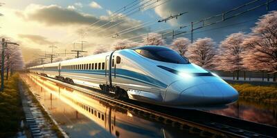 hoge snelheid het spoor trein reis, snel modern vervoer, futuristische technologie concept, ai generatief foto