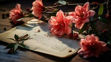 mooi bloem Aan Notitie papier, sereen poëzie concept, vlak leggen, ai generatief foto
