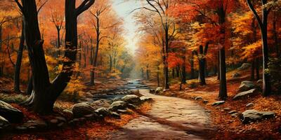 herfst Woud landschap met weg en warm zonlicht schijnen door takken van bomen, kleurrijk natuur, ai generatief foto