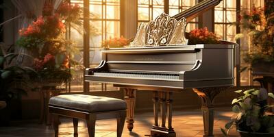 dichtbij omhoog van een elegant groots piano met warm zonlicht, luxe, romantisch landschap, muziek- instrument, ai generatief foto