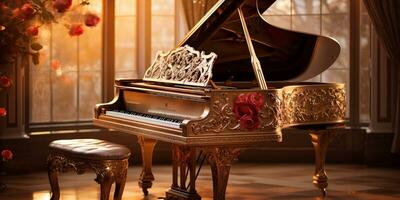 dichtbij omhoog van een elegant groots piano met warm zonlicht, luxe, romantisch landschap, muziek- instrument, ai generatief foto