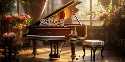 dichtbij omhoog van een elegant groots piano met warm zonlicht, luxe, romantisch landschap, muziek- instrument, ai generatief foto