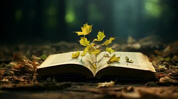 wilde bloemen Aan een Open boek kennis concept, ai generatief foto