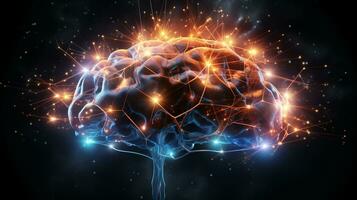 menselijk hersenen nerveus systeem en gloeiend neuronen, wetenschap concept, ai generatief foto